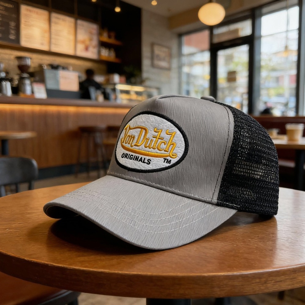 Von Dutch Gray and Black Trucker Cap with Yellow Embroidered Logo